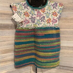 Handmade Baby Dress with Pastel Turtle Print With Lace and Crocheted Skirt